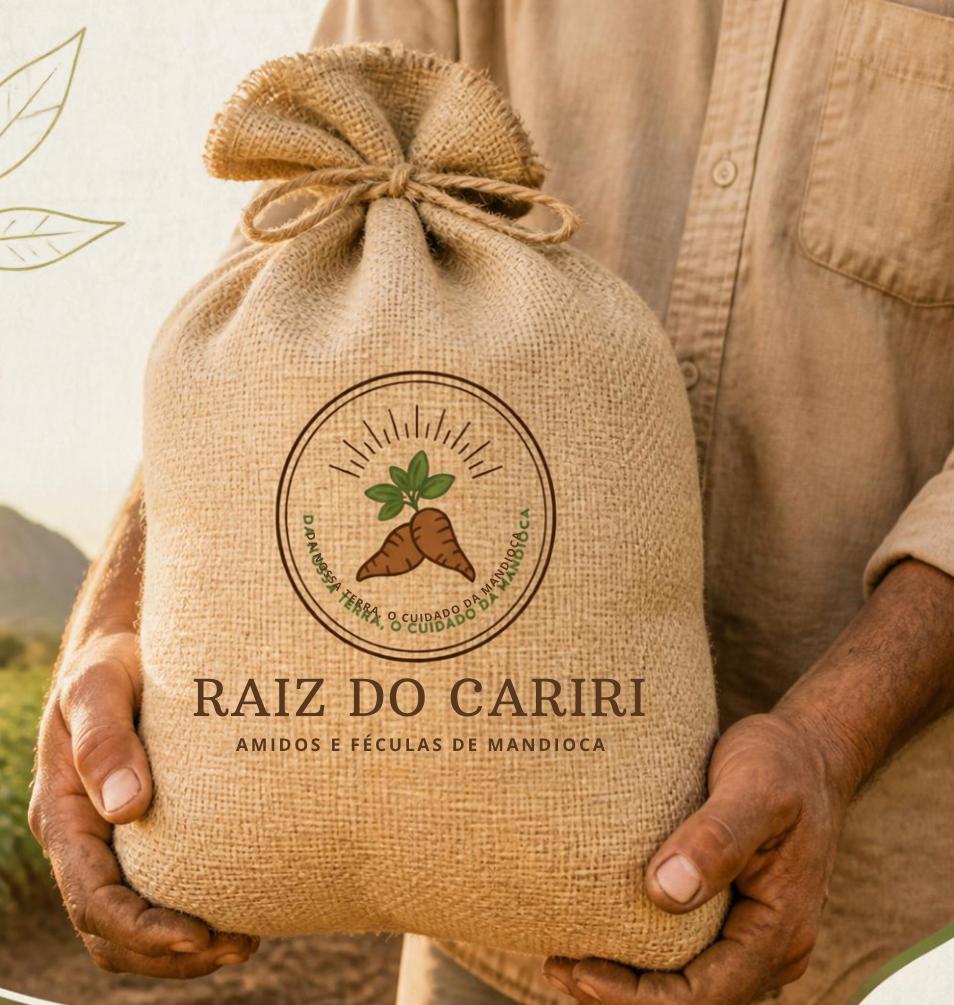 Agricultor segurando um saco de mandioca com a marca Raiz do Cariri