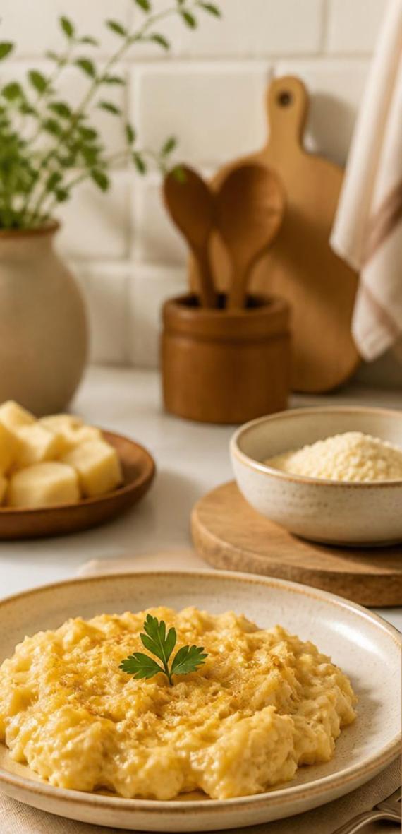 Preparo de mandioca servido à mesa, com ingredientes e utensílios de cozinha